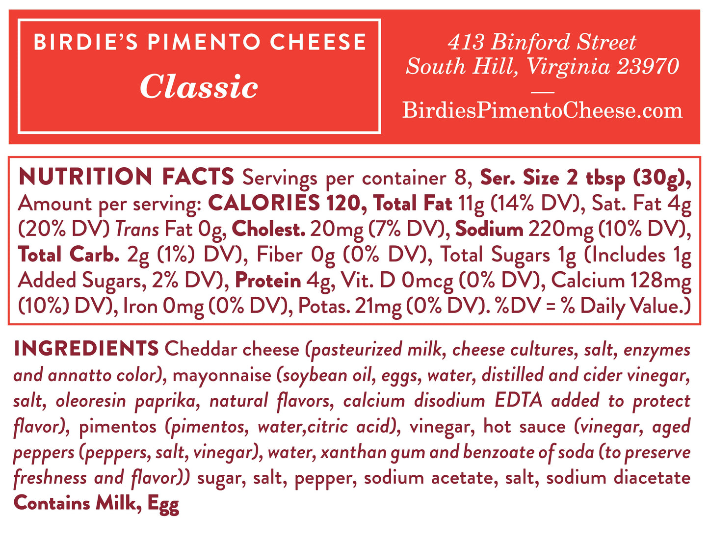 Birdie's classic pimento cheese nutritional information
