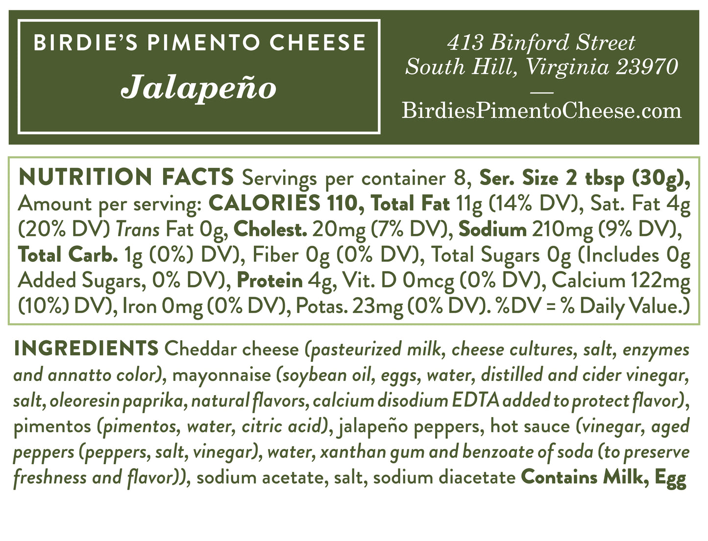 Birdie's Jalapeno Pimento Cheese Nutritional Information
