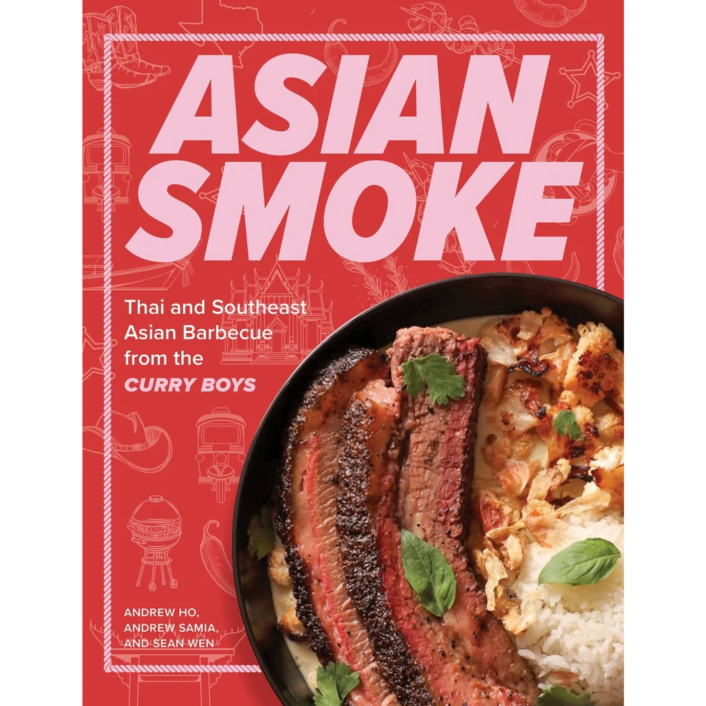 Book cover of 'Asian Smoke' with a dish of Asian barbecue on a red background