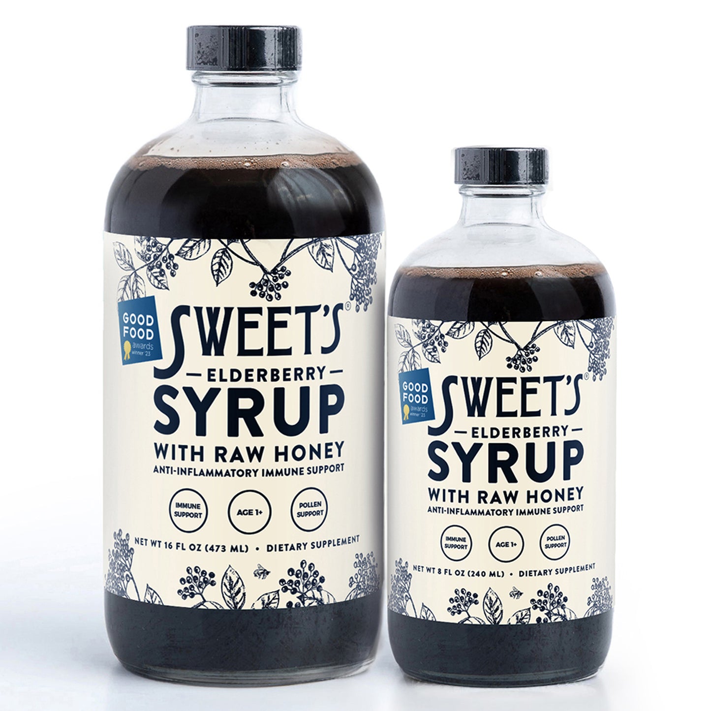 Sweet's Elderberry 8oz and 16oz Elderberry Syrup with Raw Honey Bottles