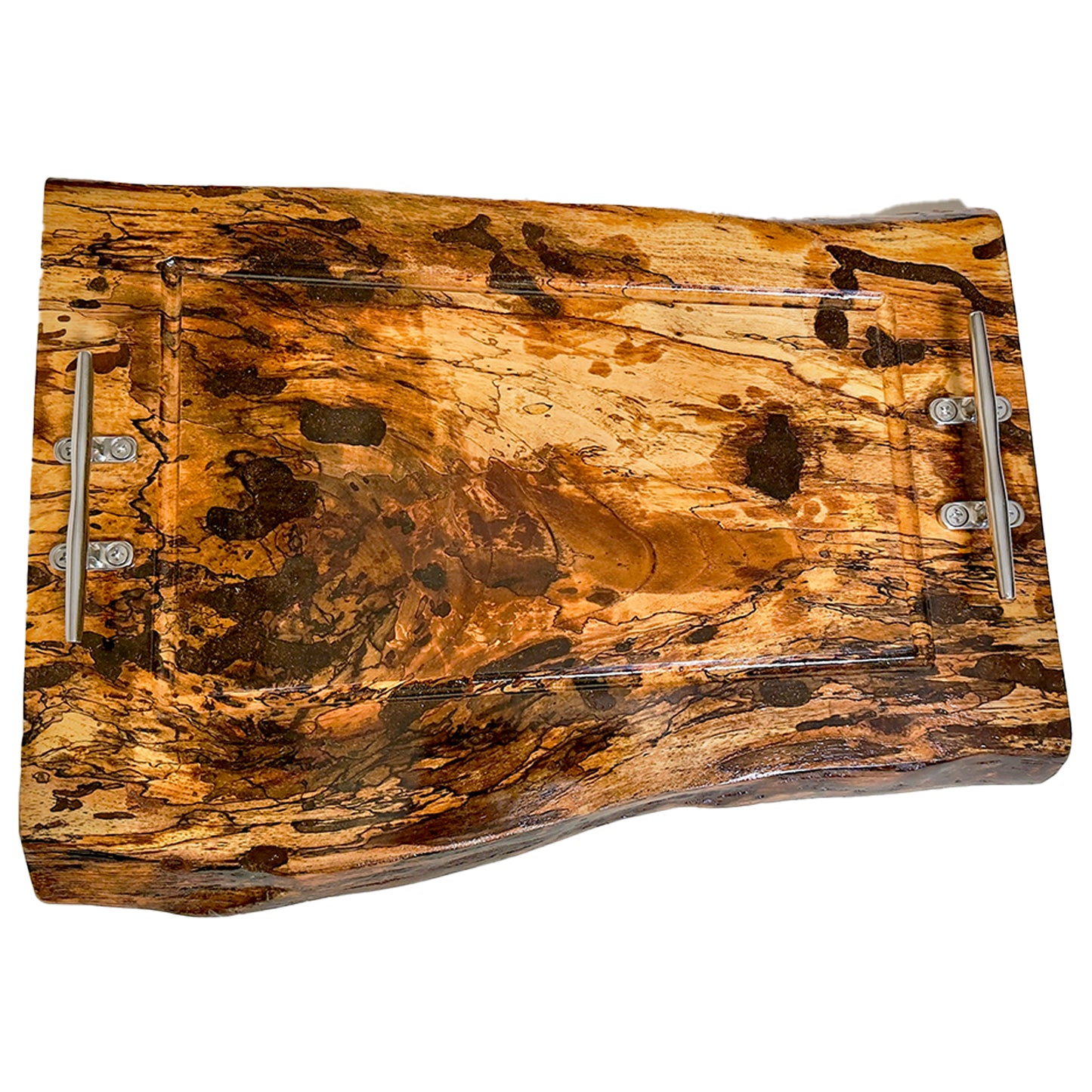 14 inch by 21 inch Pecan Wood cutting board with metal handles on a white background