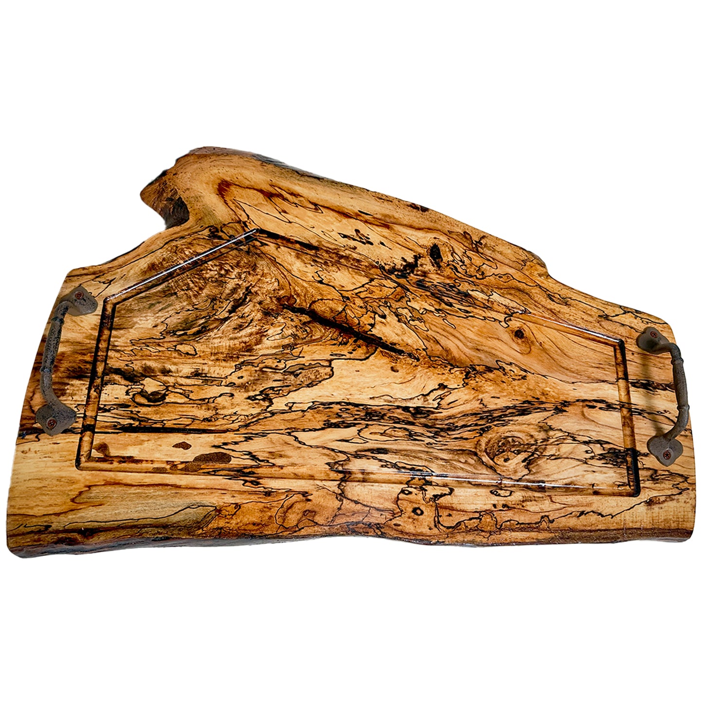 15 inch by 23 inch Pecan wood cutting board with a natural finish on a white background