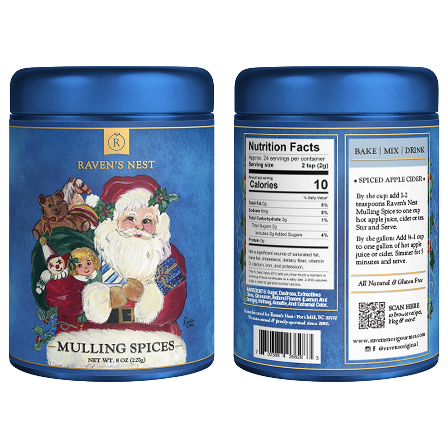 Holiday Gift Tin front and back images of Raven's Nest Mulling Spices featuring Santa carrying toys and nutritional information