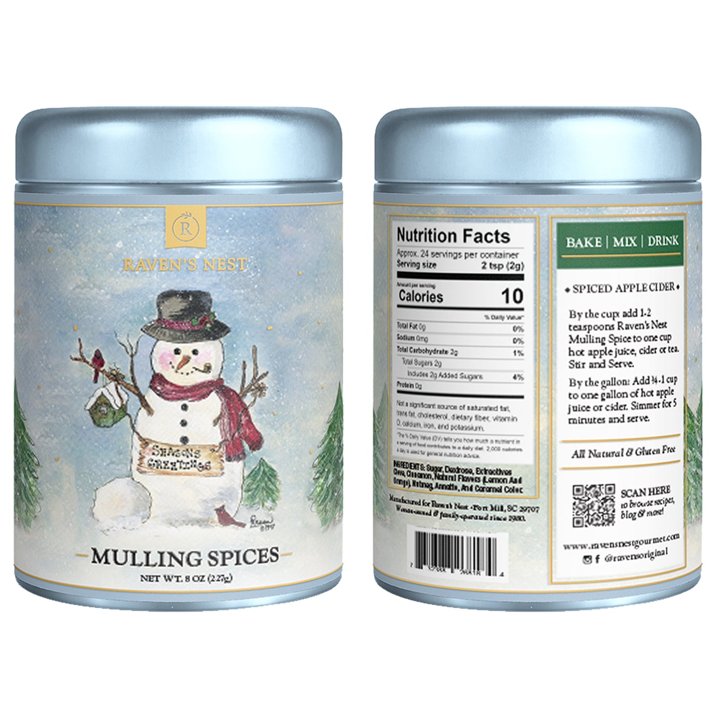 Holiday Gift Tin of Raven's Nest Mulling Spices featuring a Snowman that says Seasons Greetings and the back of the tin that included nutritional information