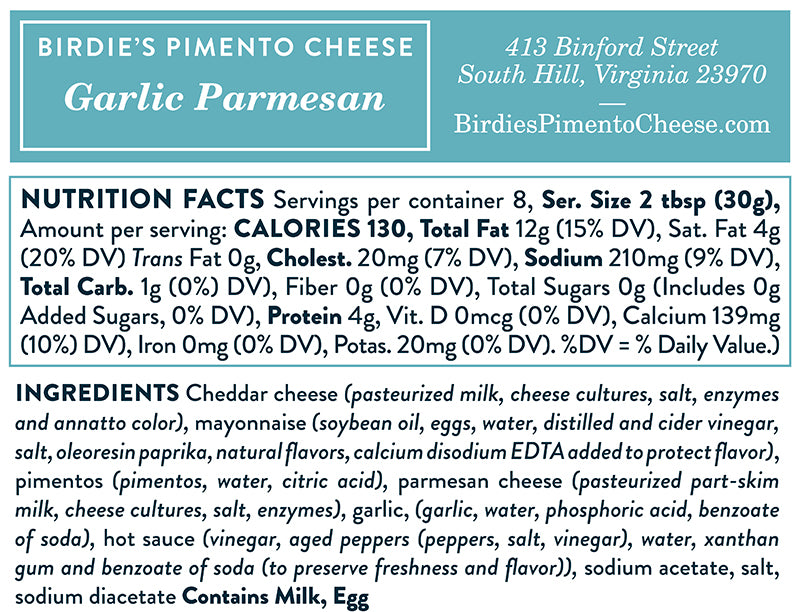 Birdie's Garlic Parmesan Pimento Cheese Nutrition Information