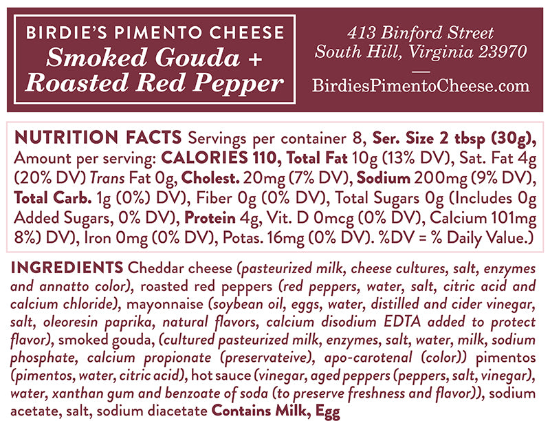 Birdie's Smoked Gouda and Roasted Red Pepper Pimento Cheese Nutrition Information