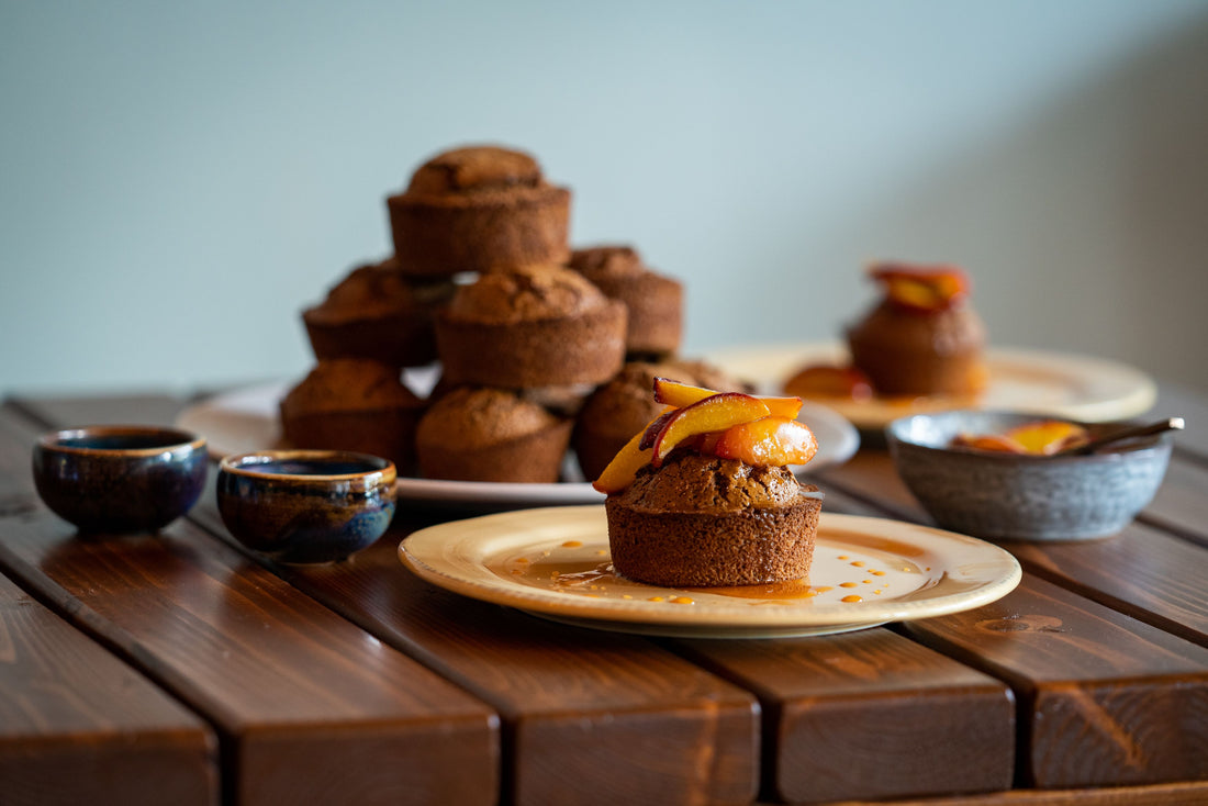 Acorn flour muffin topped with satsuma compote