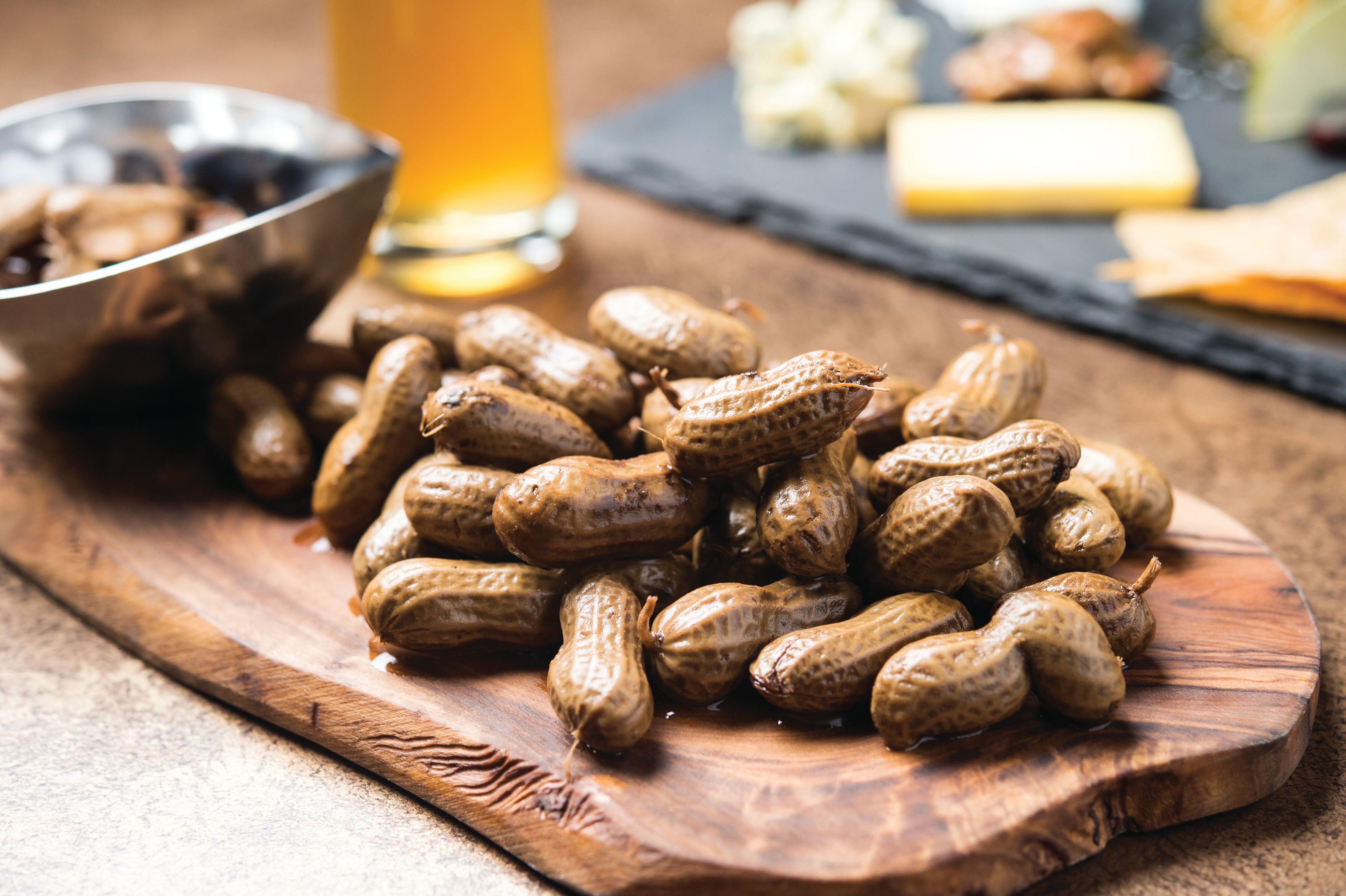 Boiled peanuts on a wooden board