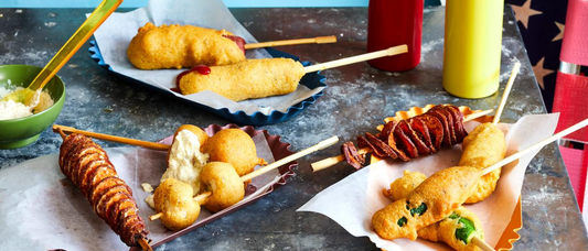 Corn dog, zucchini corn dog, and spiraled sweet potatoes from Watermelon and Red Birds for Juneteenth