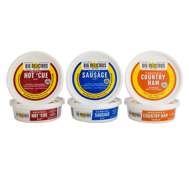 Big Delicious Brand's 8 ounce containers of the dip trio Carolina Sausage Dip, Pineapple and Country ham spread, and Hot 'Cue dip