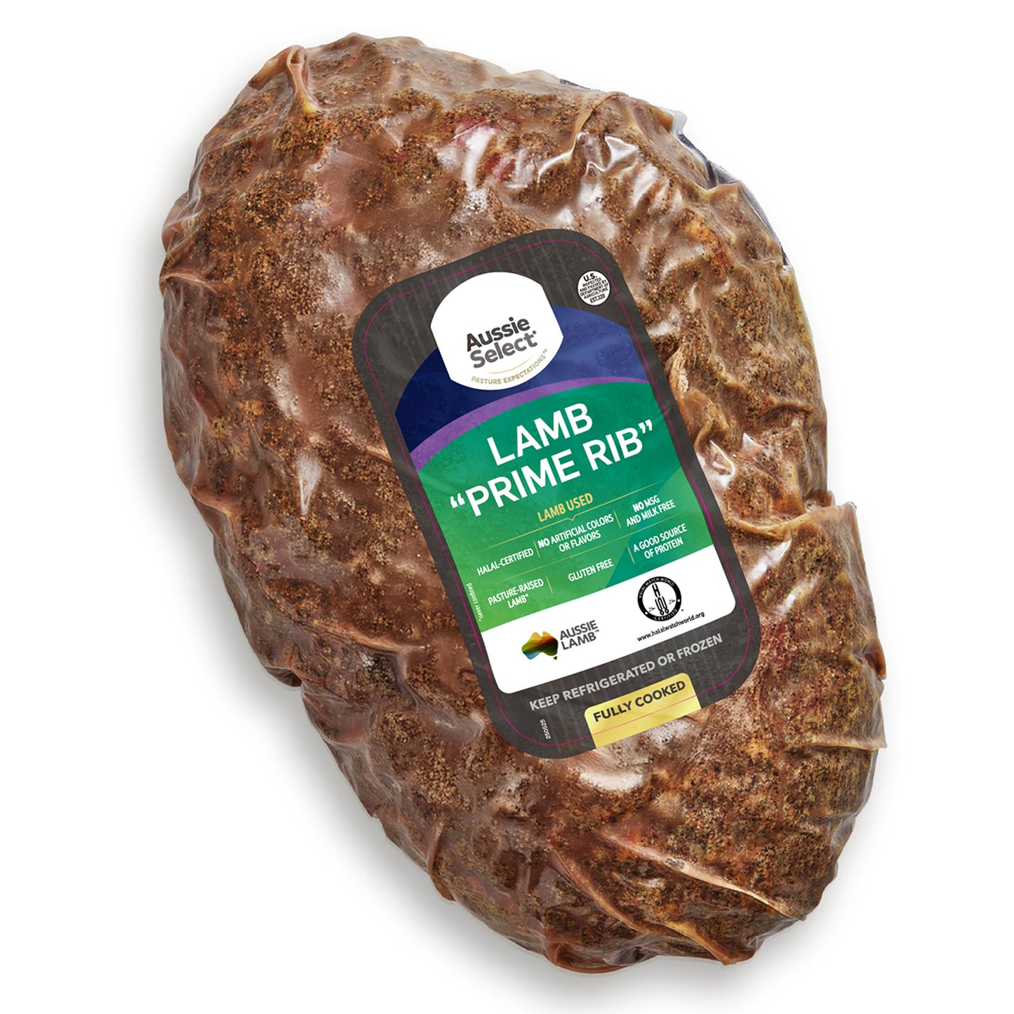 Packaged lamb prime rib with 'Aussie Select' label on a white background