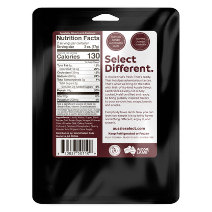 Back of Aussie Select's Sliced Lamb Pastrami featuring nutrition information and brand information in black packaging on a white background