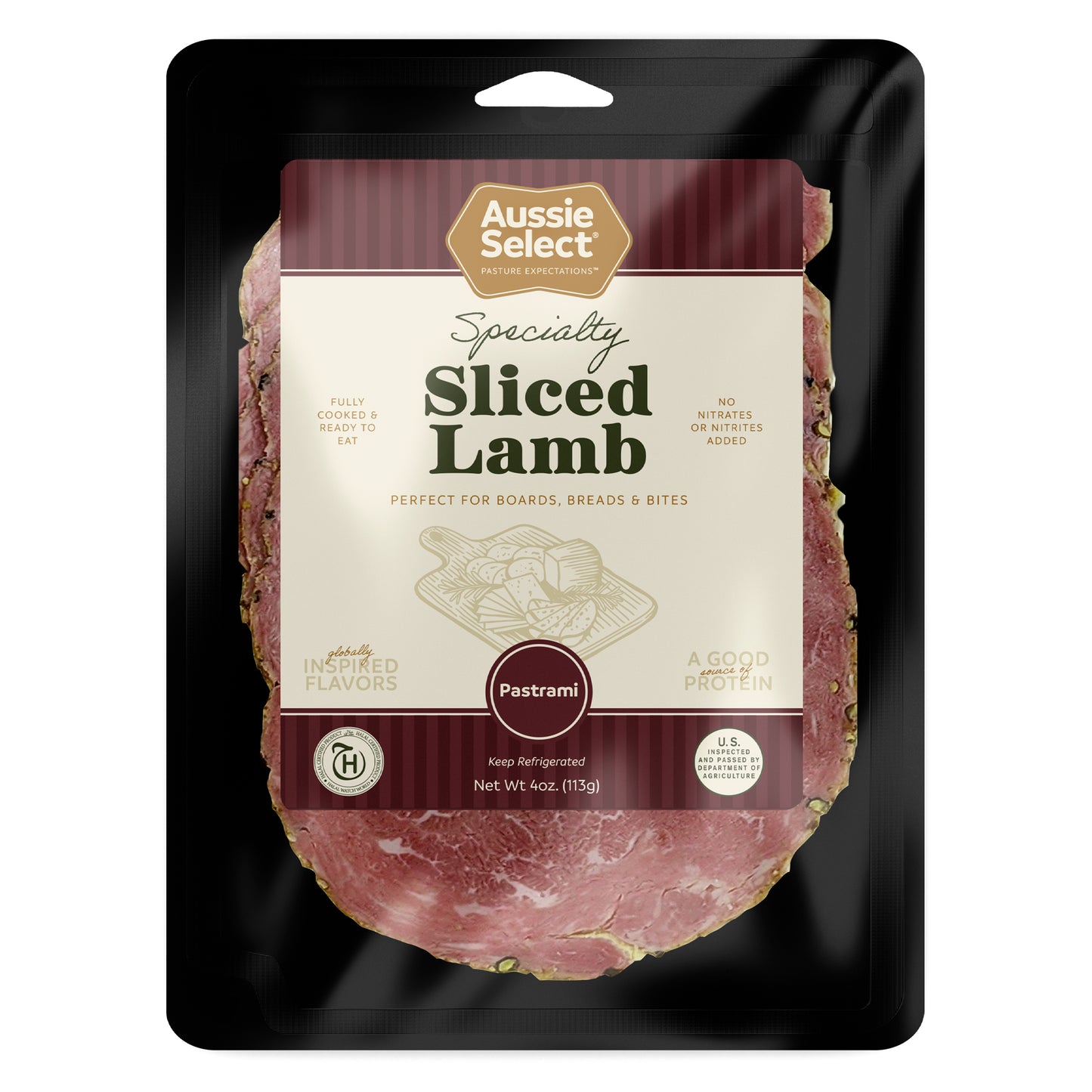 Front of Aussie Select's Sliced Lamb Pastrami in black packaging on a white background