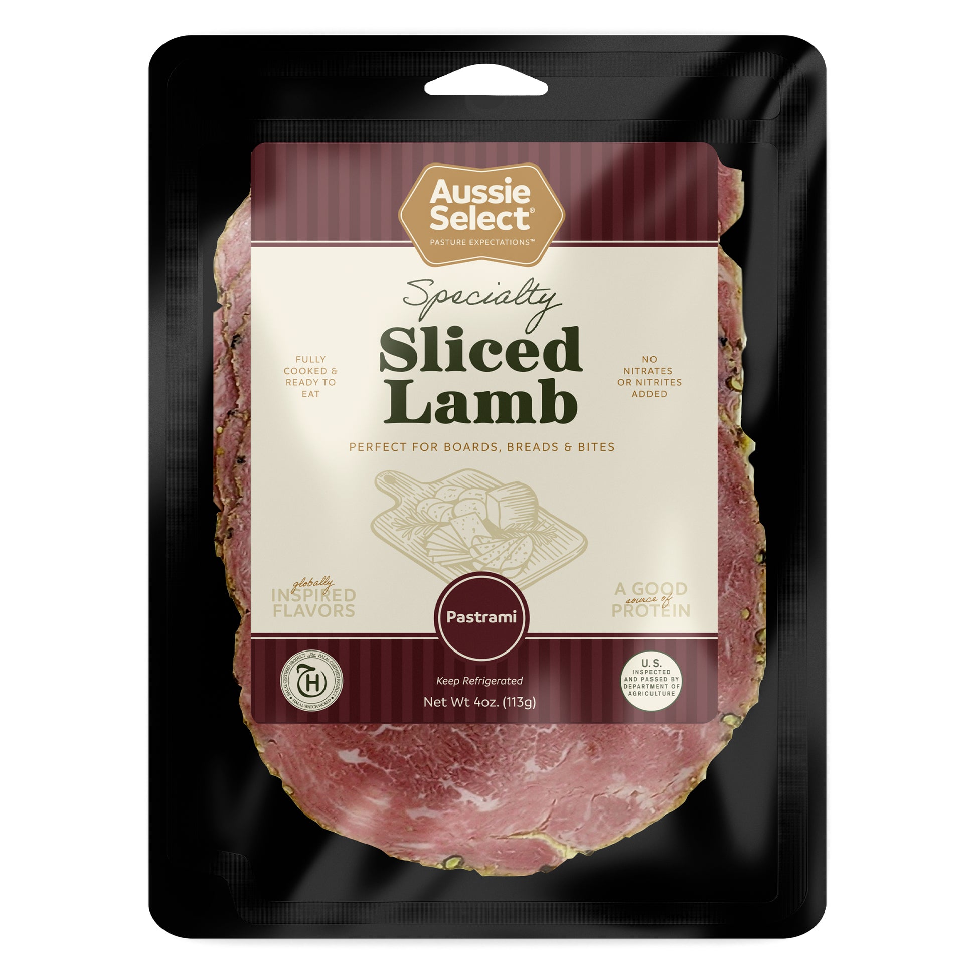 Front of Aussie Select's Sliced Lamb Pastrami in black packaging on a white background