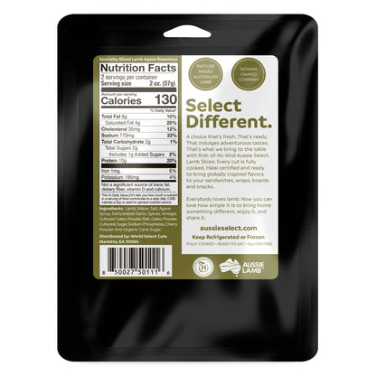 Nutrition facts label on Packaged Agave Rosemary sliced lamb with Aussie Select branding on a black background
