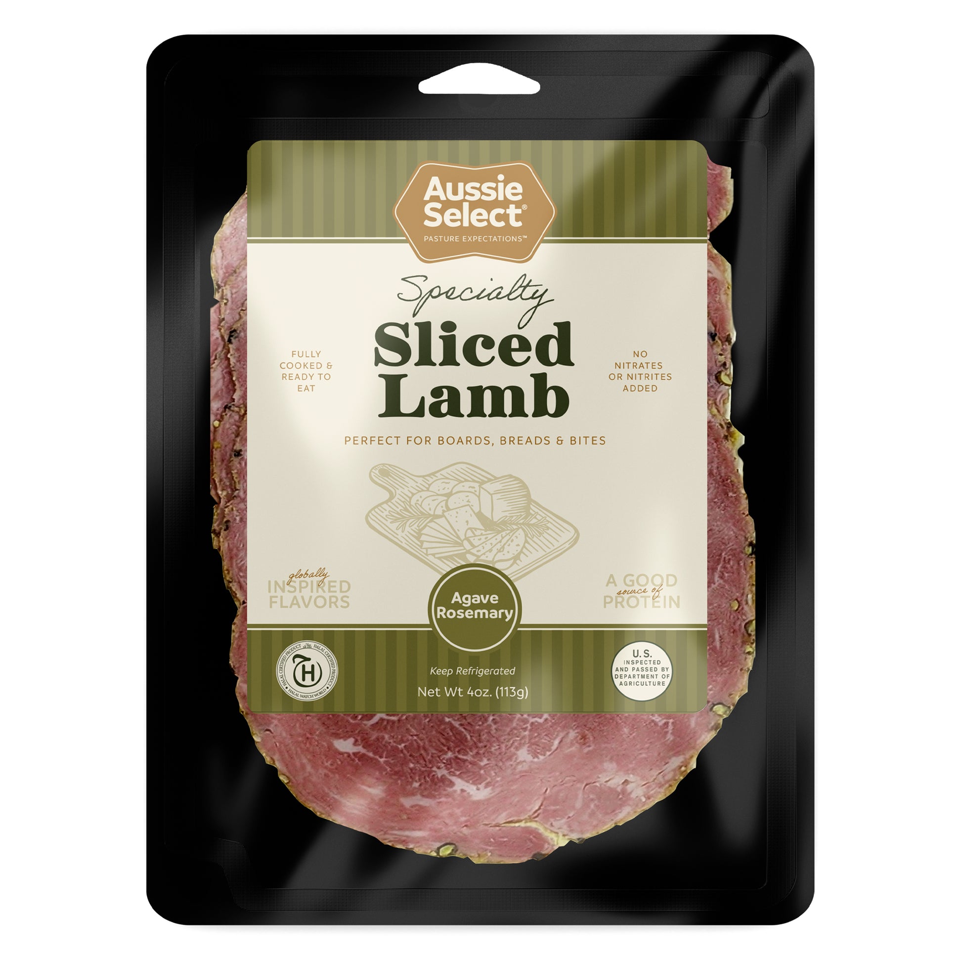 Packaged sliced lamb with Aussie Select branding on a black background