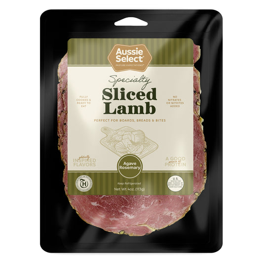 Packaged sliced lamb with Aussie Select branding on a black background