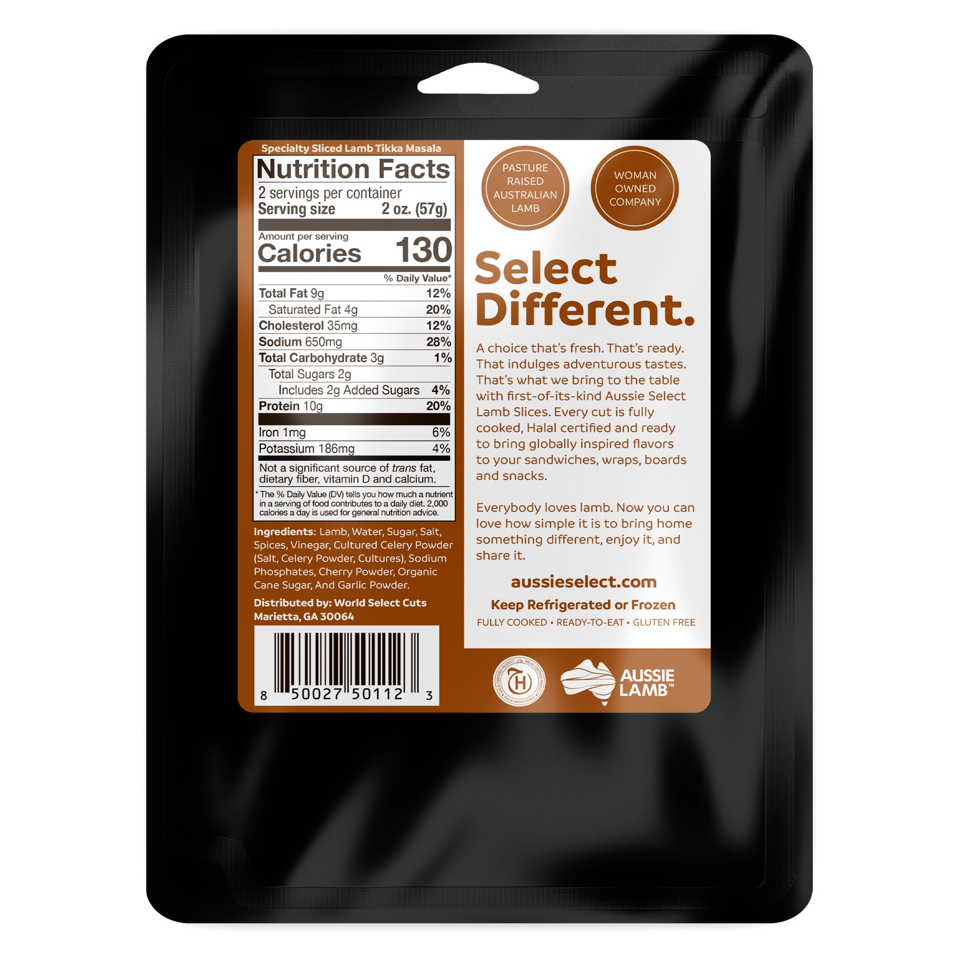 Back of the Sliced Lamb Tikka Masala package with nutritional information and branding details