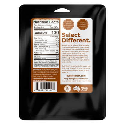 Back of the Sliced Lamb Tikka Masala package with nutritional information and branding details