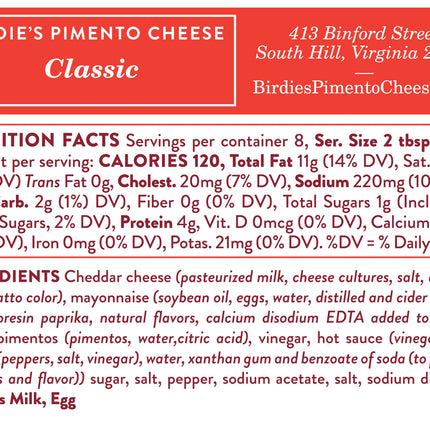 Birdie's classic pimento cheese nutritional information