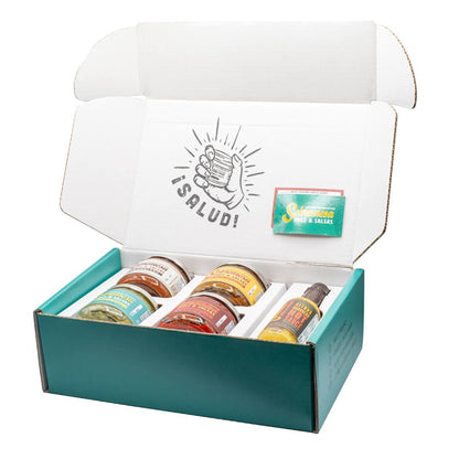 Open teal box with jars of salsa and a visible brand logo on a white background