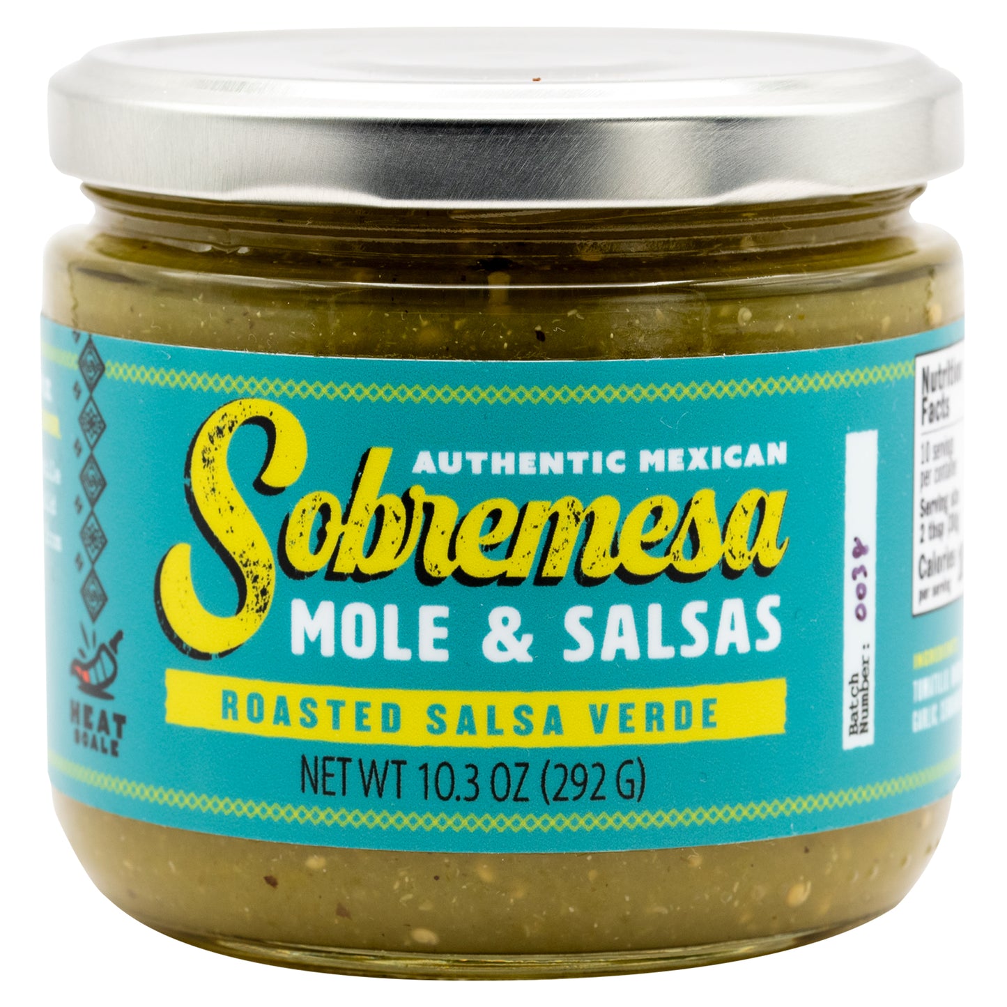 Jar of Sobremesa Roasted Salsa Verde with a blue label on a white background