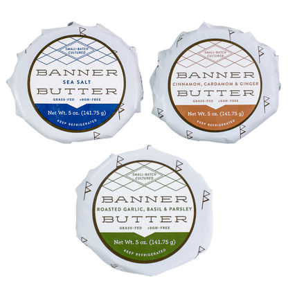 Banner Butter Custom Butter Bundle 3-Pack featuring artisan cultured butter flavors handcrafted in Atlanta, Georgia