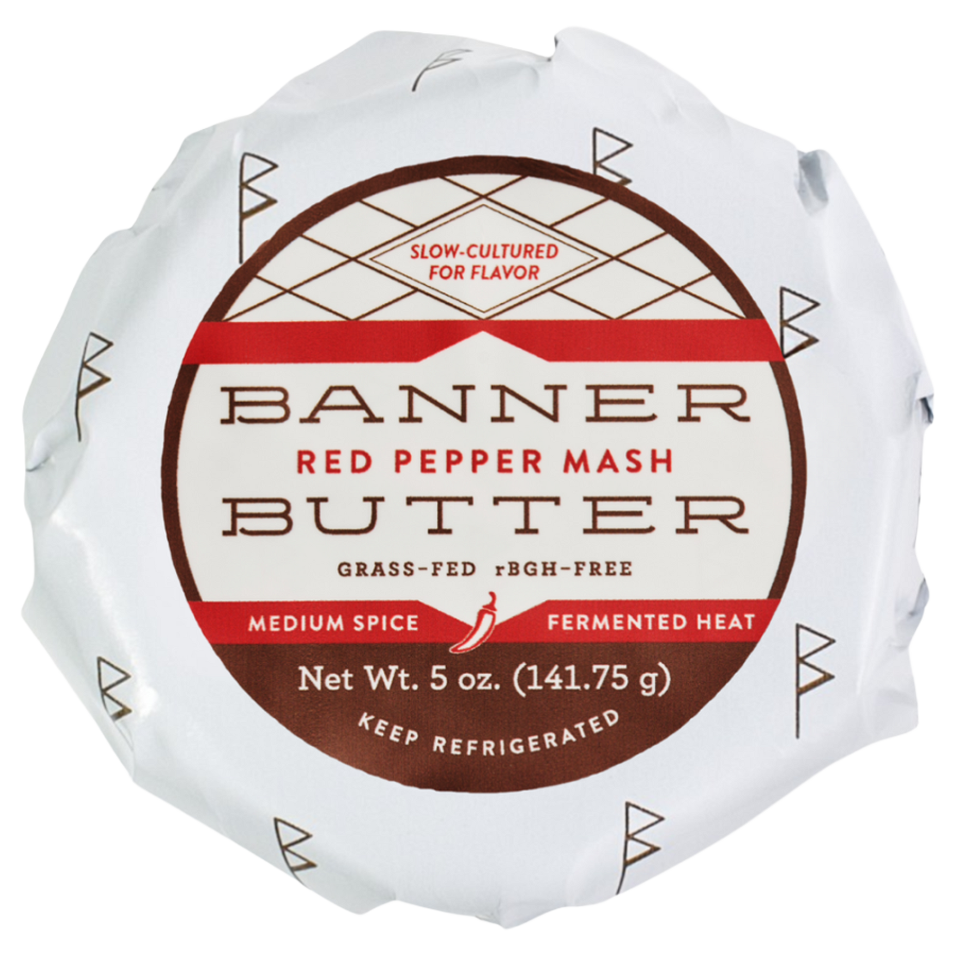 Banner Butter Red Pepper Mash cultured butter made with fermented Fresno peppers