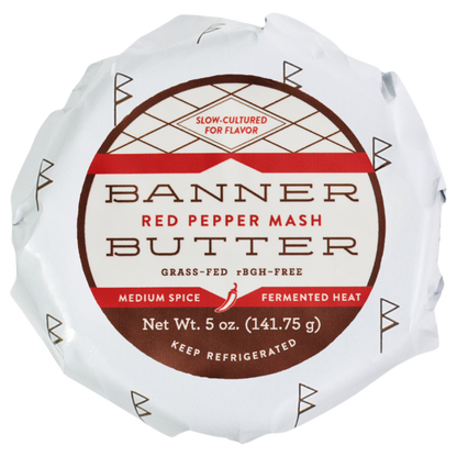 Banner Butter Red Pepper Mash cultured butter made with fermented Fresno peppers