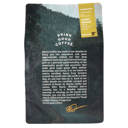 DaySol Coffee Lab Gratitude Blend 12oz Whole Bean Coffee Bag Back with Brand Story