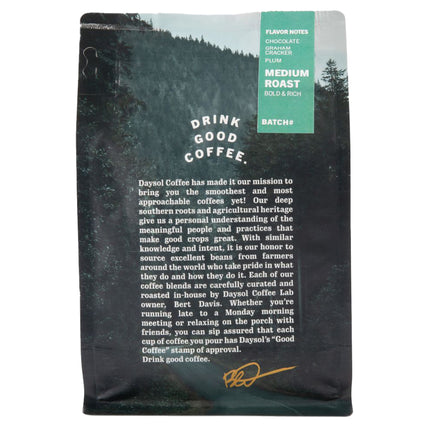 DaySol Coffee Lab Wanderlust Blend 12oz Whole Bean Coffee Bag Back with Brand Story
