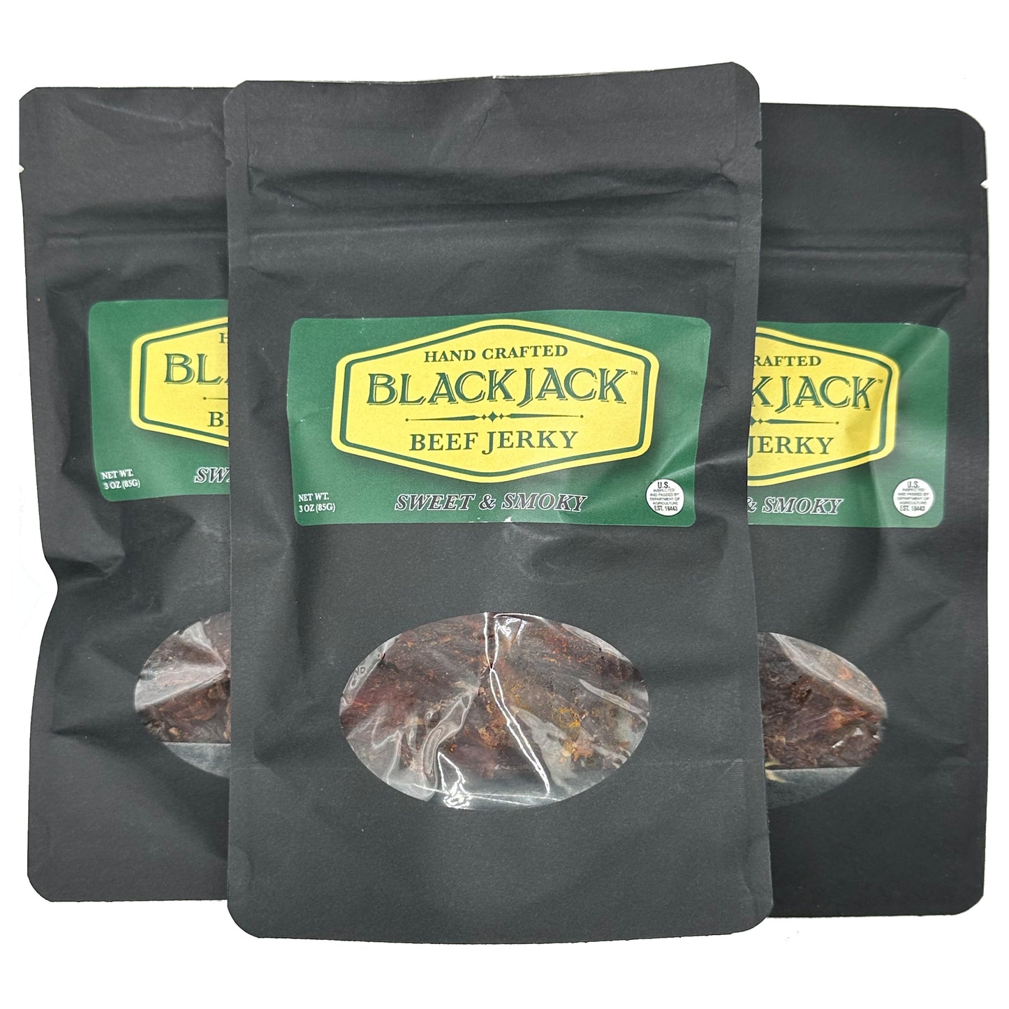 Three packages of Food for the Southern Soul Blackjack Beef Jerky with visible beef jerky inside on a white background.