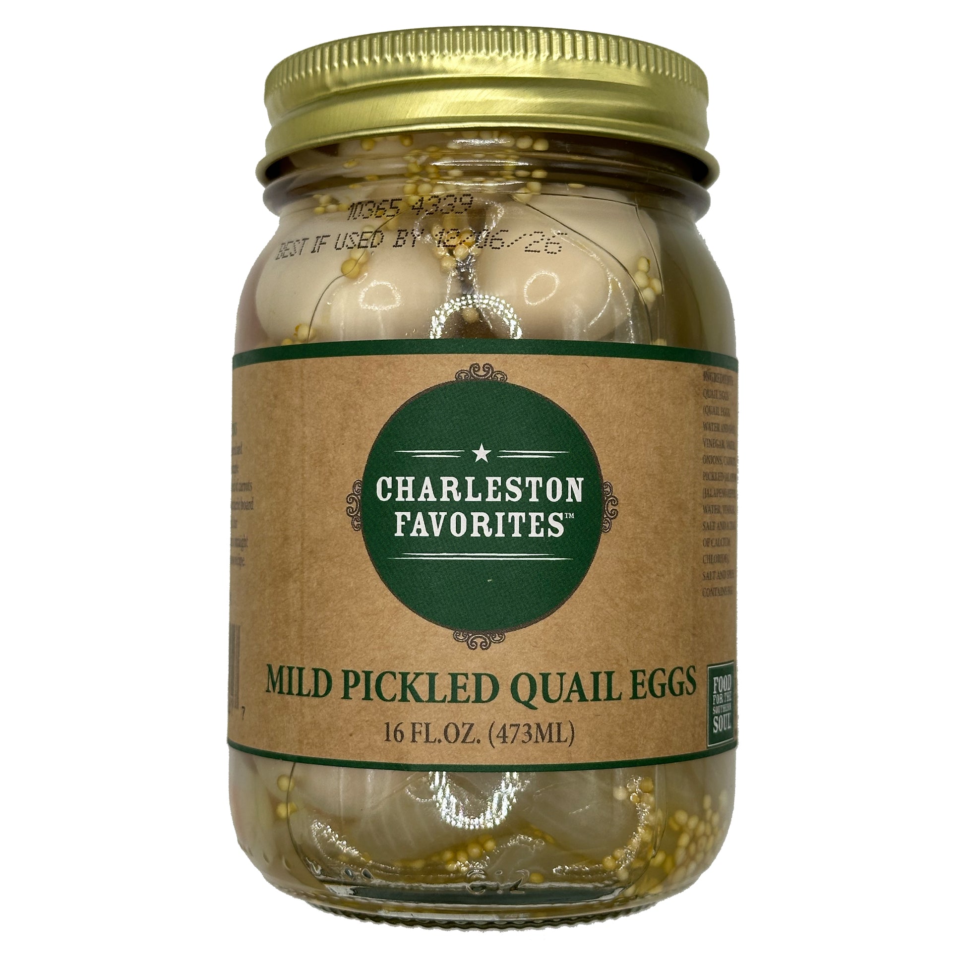Jar of Charleston Favorites mild pickled quail eggs on a white background