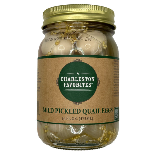 Jar of Charleston Favorites mild pickled quail eggs on a white background