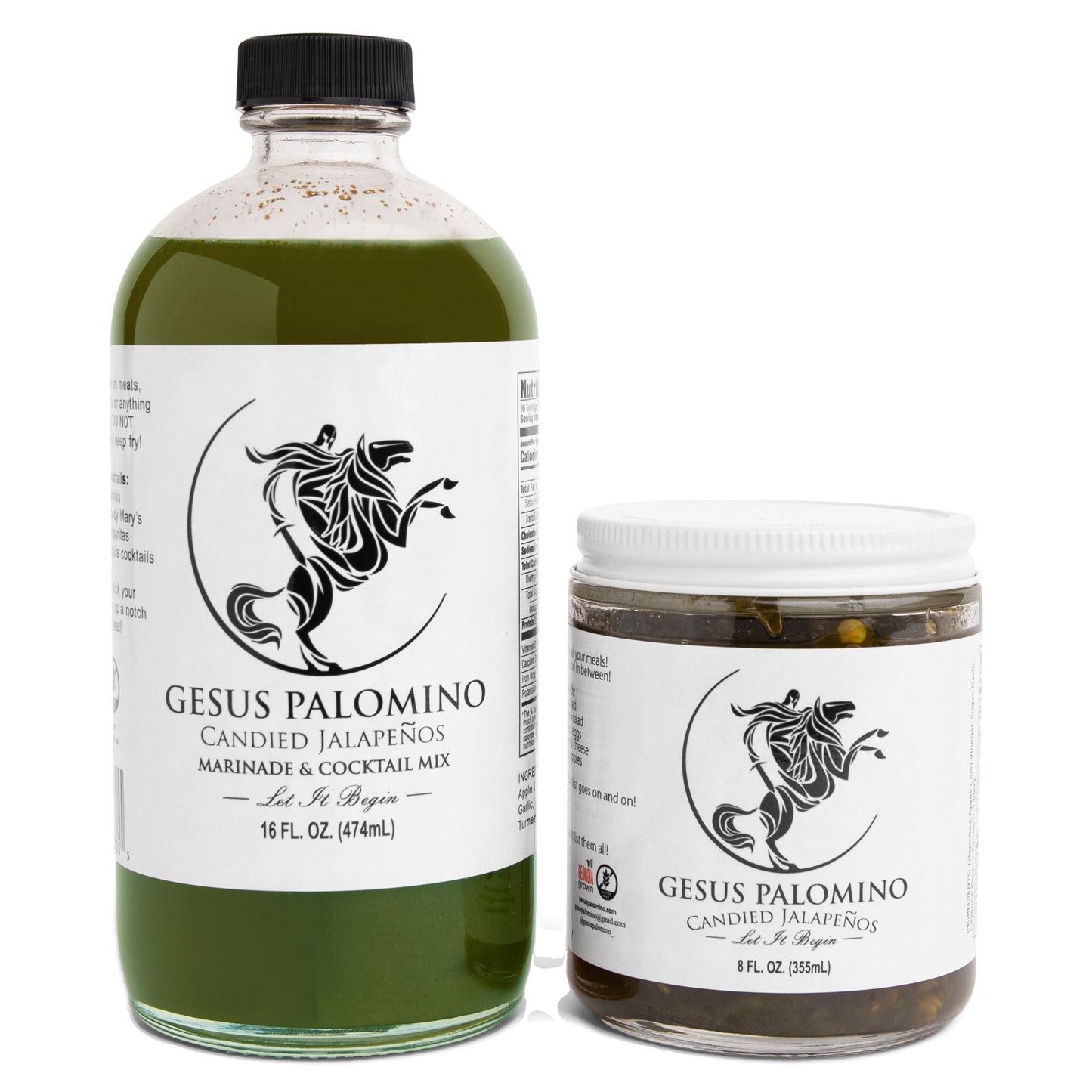 Gesus Palomino 16oz Jalapeno Marinade and Cocktail Mix and 8oz Candied Jalapeno Relish duo