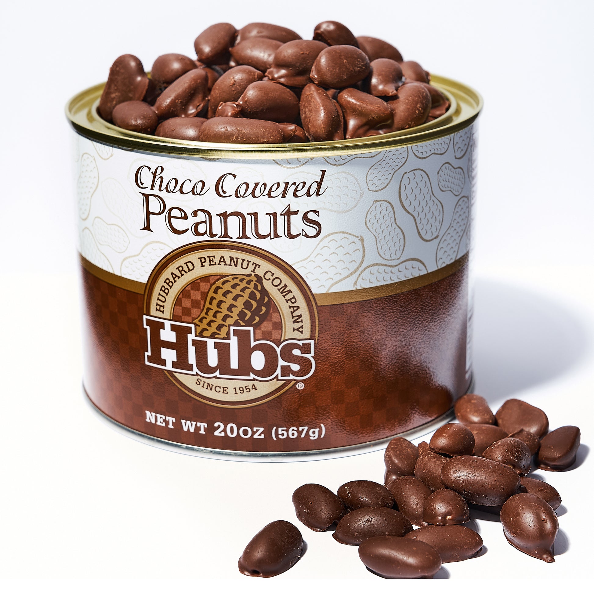 Can of Hubs choco covered peanuts on a white background