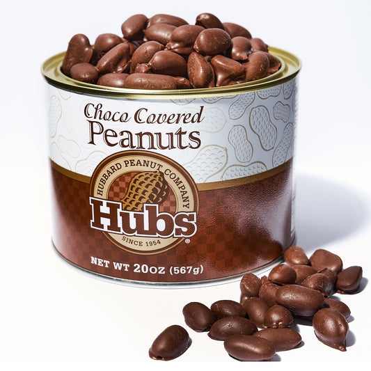 Can of Hubs choco covered peanuts on a white background