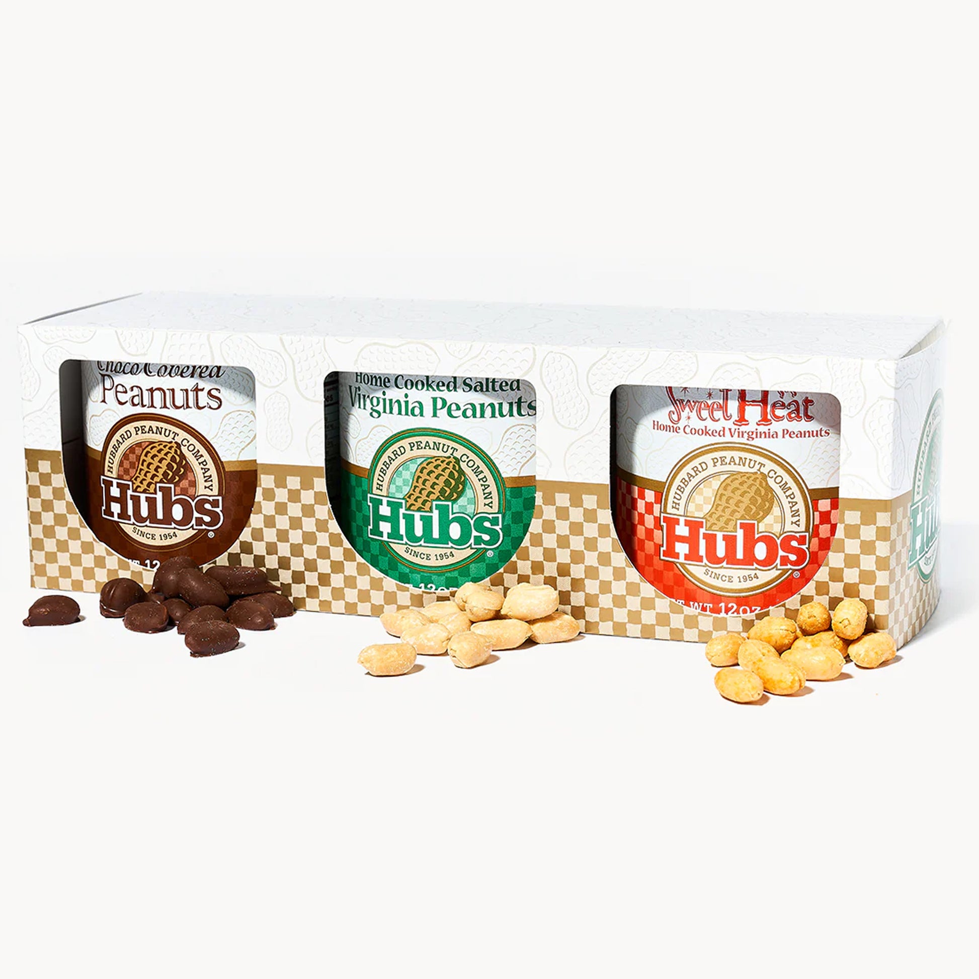Three Hubs peanut packaging with different flavors displayed in front of a white box.