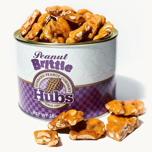 Open can of Hubs Peanut Brittle Showing the product inside