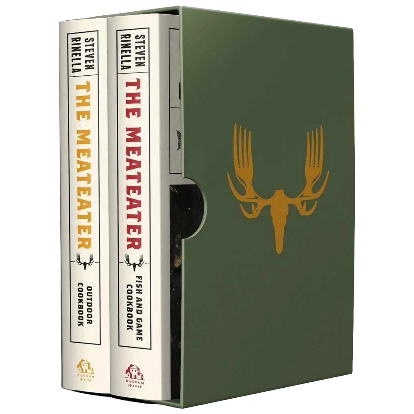 A boxed book set shown on a white background, with two copies of 'The Meateater' standing upright on the left and a matching olive green slipcase on the right featuring a gold deer skull graphic.