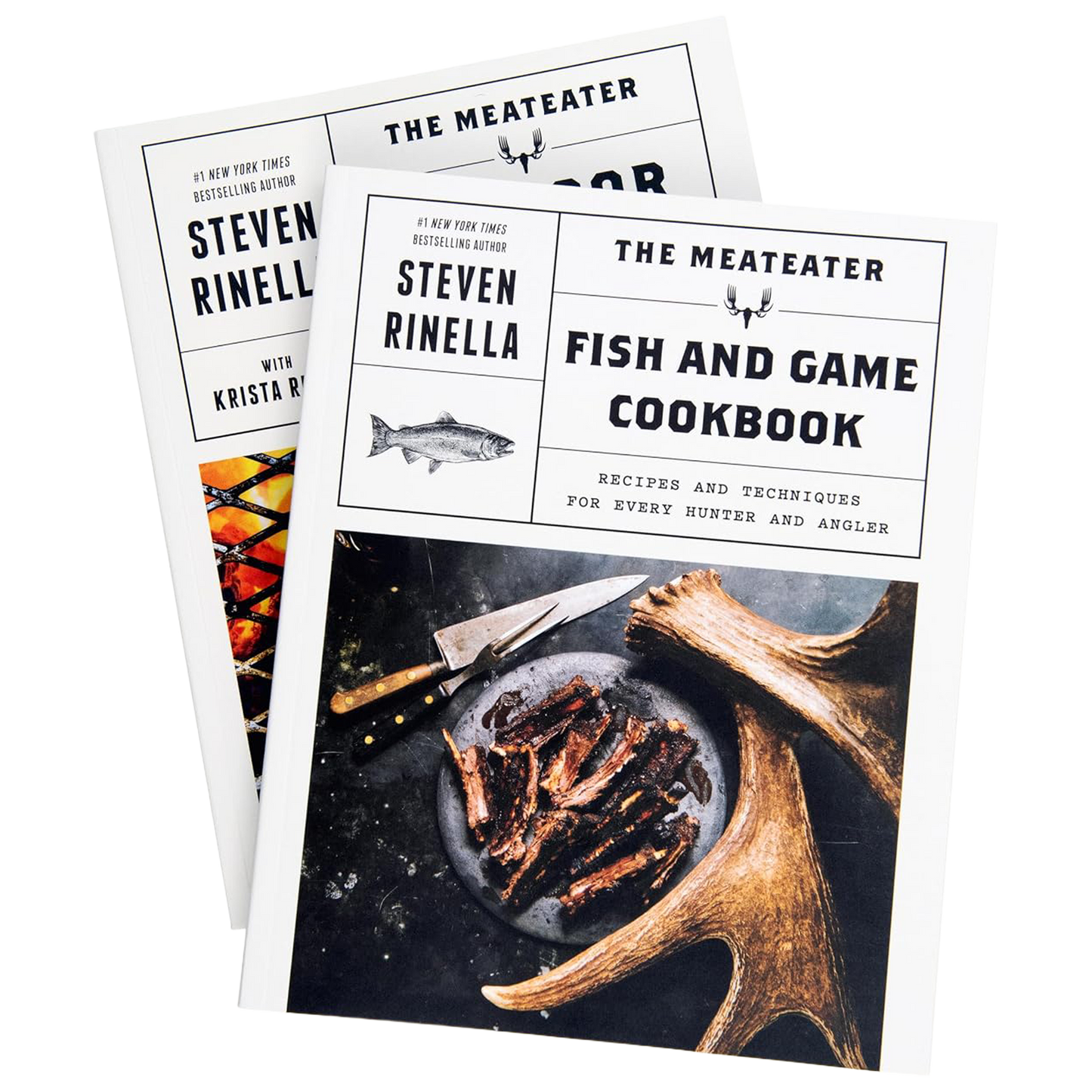 Two copies of The Meateater Fish and Game Cookbook and Outdoor Cooking Cookbook by Steven Rinella, with the front copy showing a white cover, a fish illustration, and a photo of cooked game meat on a plate with antlers.