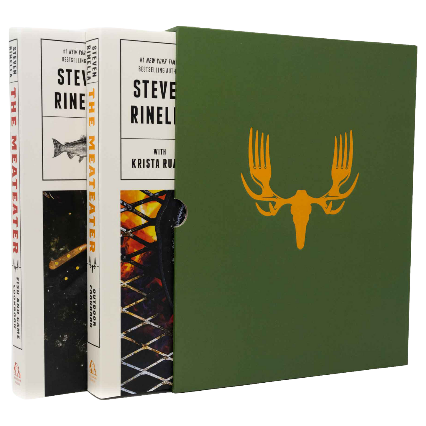 Book set for The Meater by Steve Rine, showing the white hardcover edition with illustrated cover art, a matching green slipcase with a yellow antler graphic, and the spine of another white book standing behind.