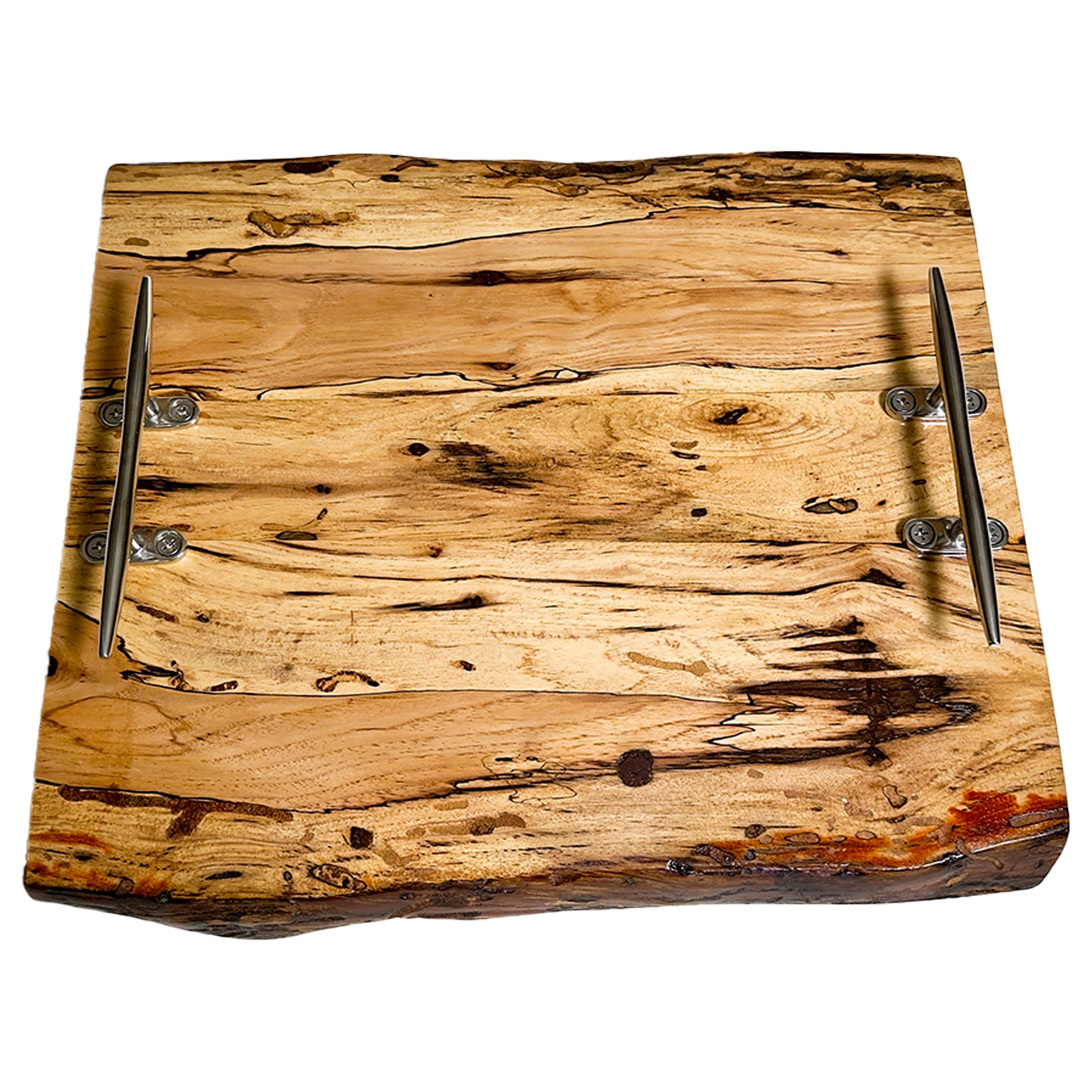 16 inch by 19 inch Pecan wood cutting board with metal handles on a white background