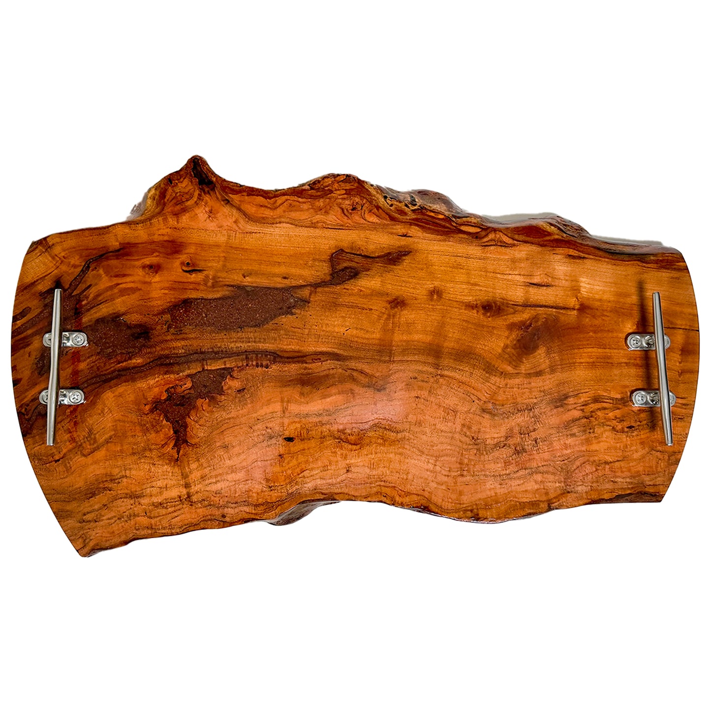 14 inch by 17 inch Pecan wood serving platter with a natural finish on a white background