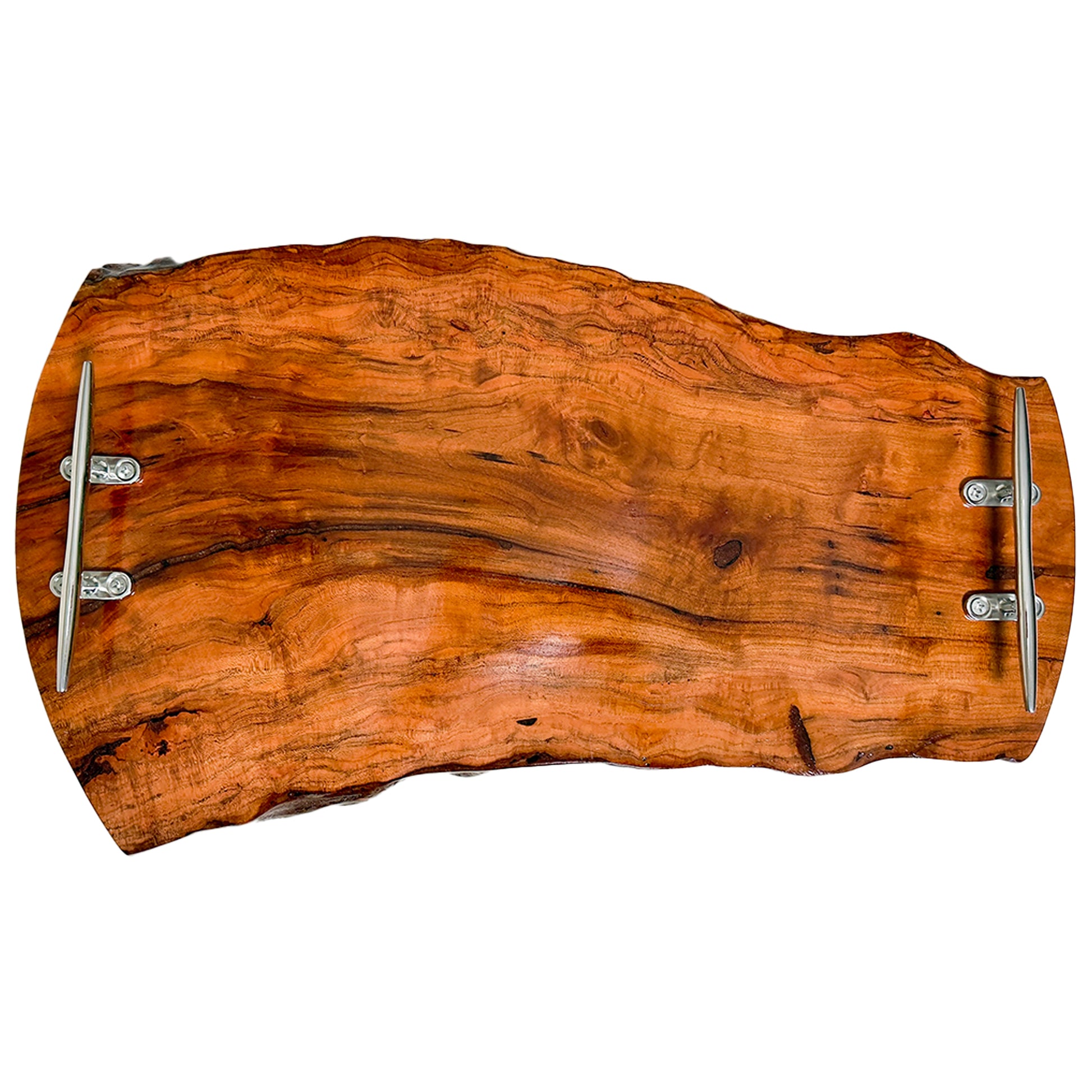 13 inch by 27 inch Pecan wood cutting board with a natural finish on a white background 