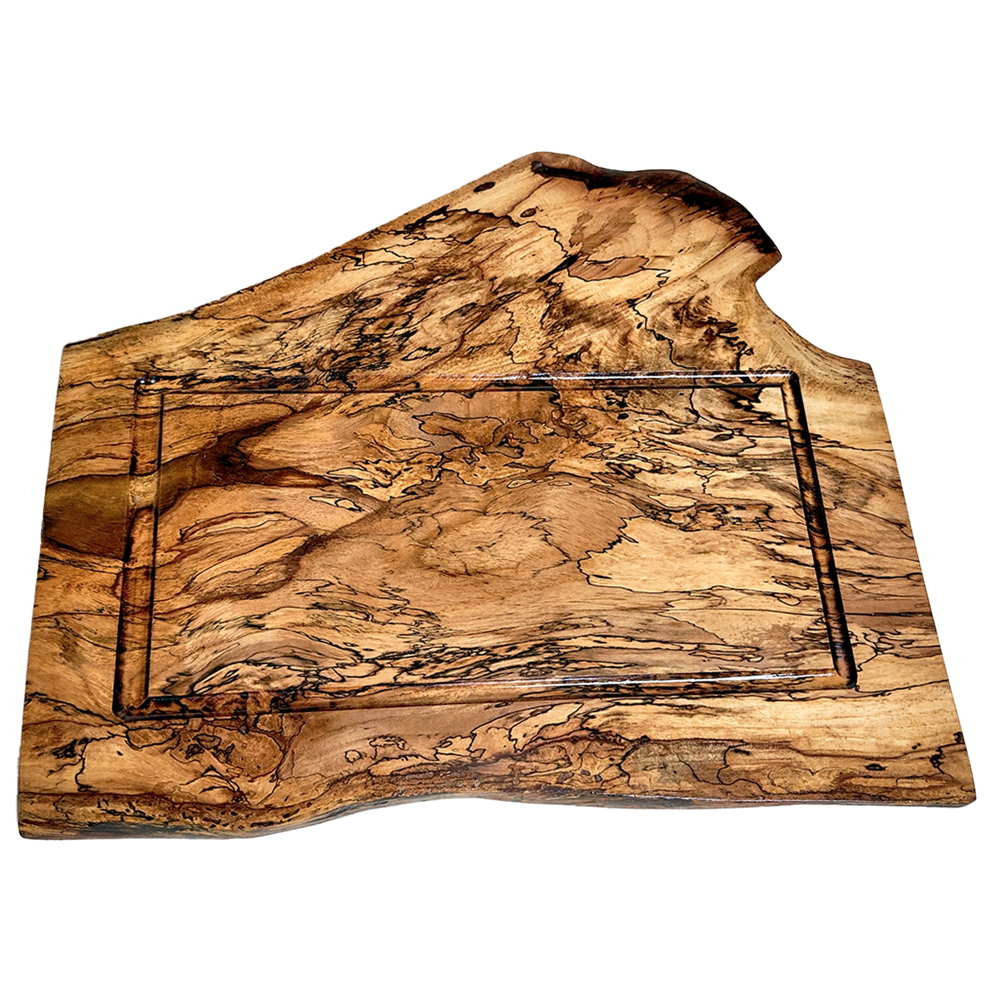 15 inch by 18 inch Pecan wood cutting board with a natural finish on a white background 