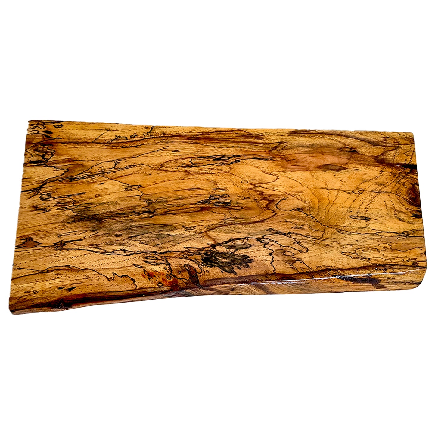 8 inch by 18 inch Pecan wood cutting board with a natural finish on a white background 