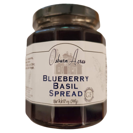 Osburn Acres Blueberry Basil Spread in glass jar. 