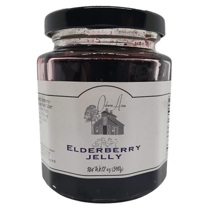 Osburn Acres Elderberry Jelly in glass jar. 