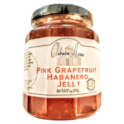 Osburn Acres Pink Grapefruit Habanero Jelly in glass jar. 